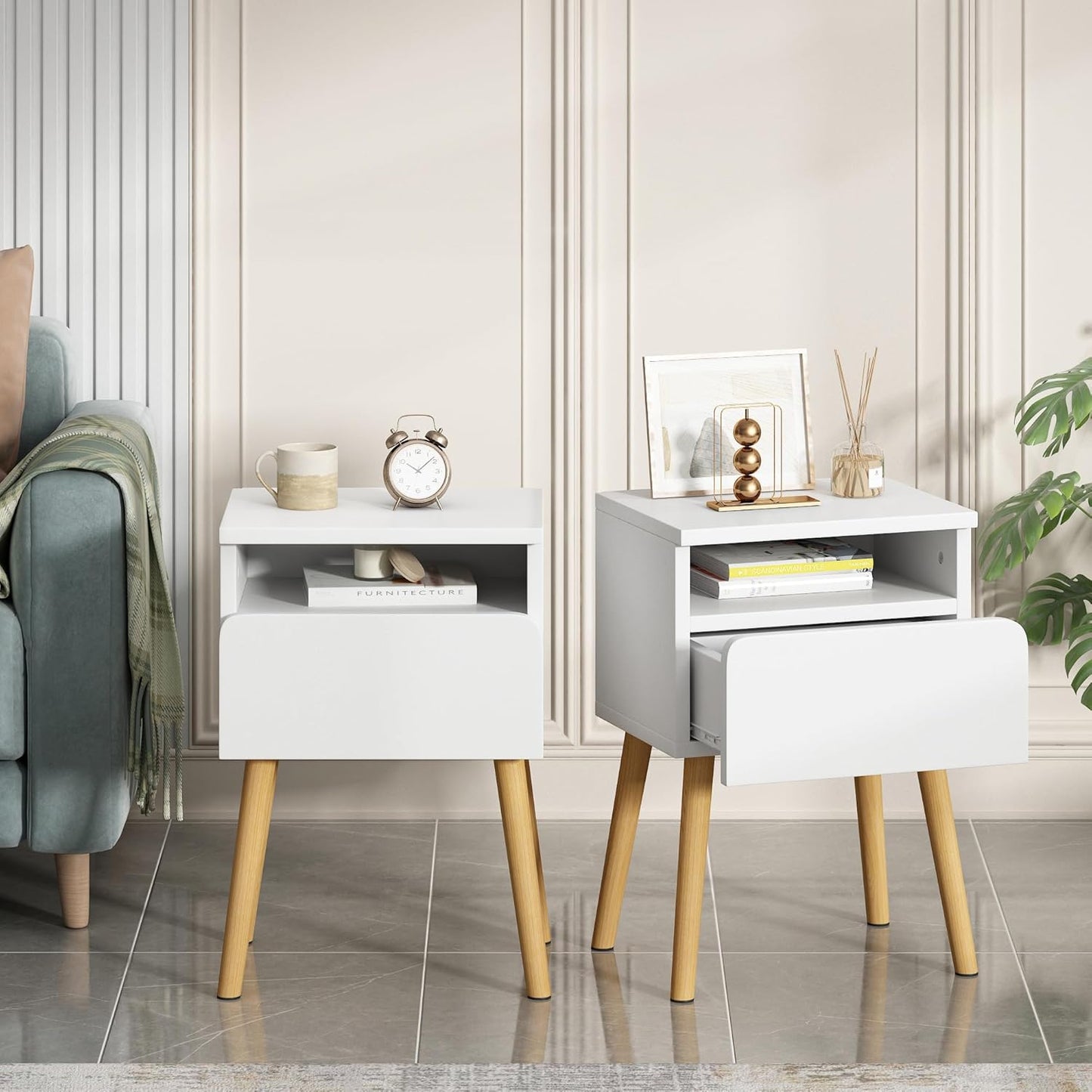 NIGHTSTANDS: Set of 2 Night Tables with Wood Legs
