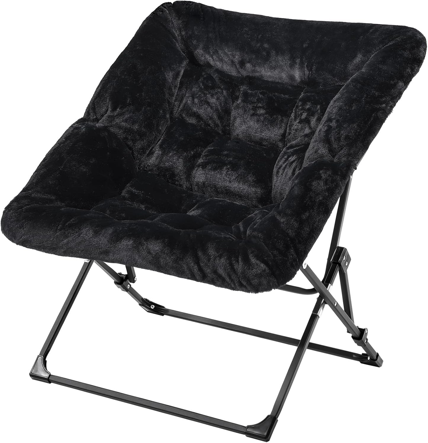 Plush foldable black butterfly chair with cushioned seat and metal base perfect for dorm living.