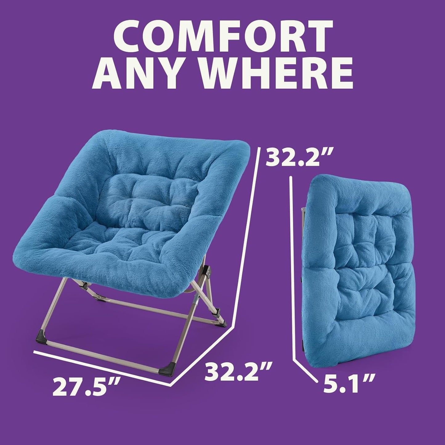Plush foldable blue butterfly chair with cushioned seat and metal base perfect for dorm living.