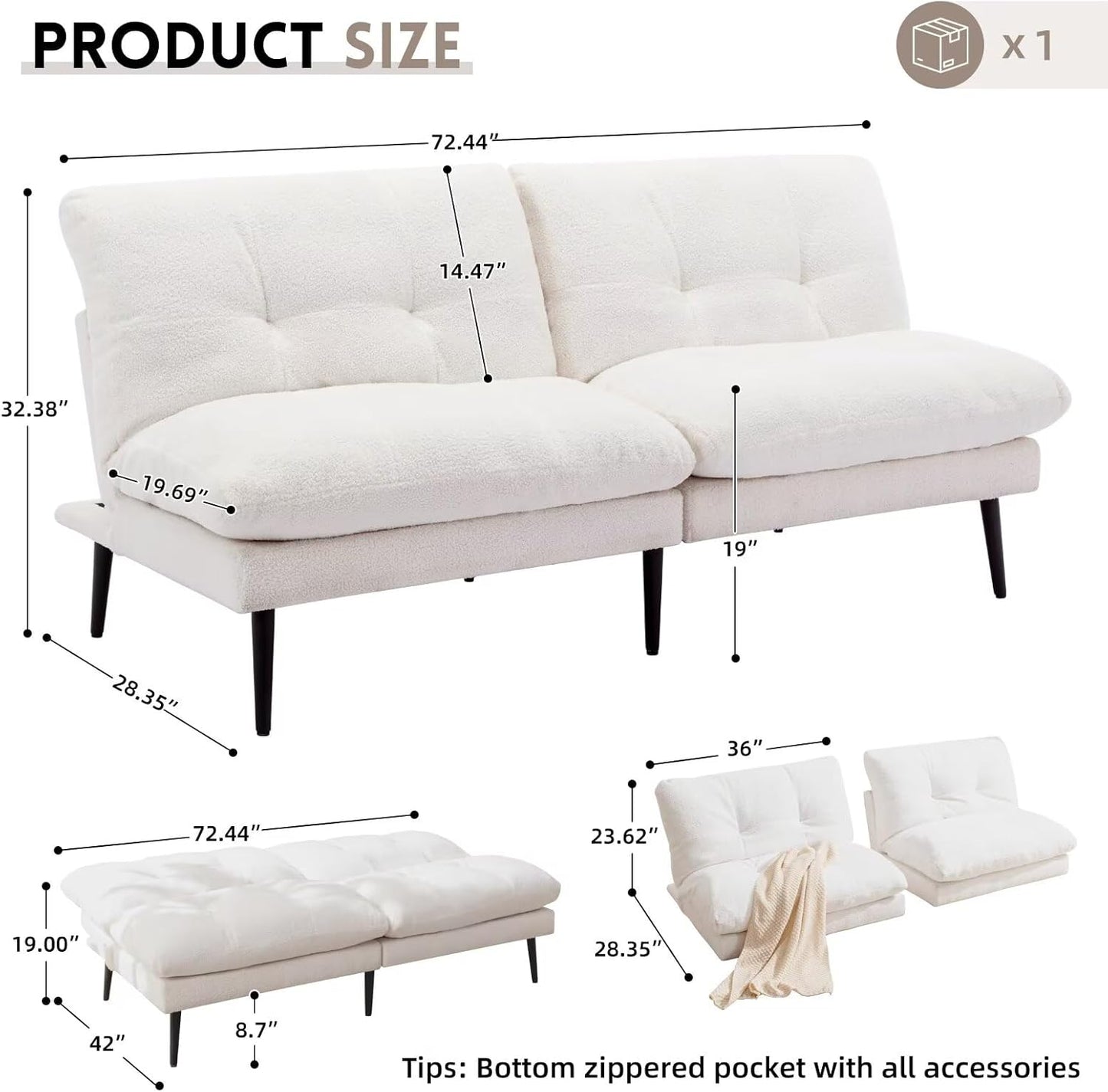 Dorm compack sleeper tufted couch
