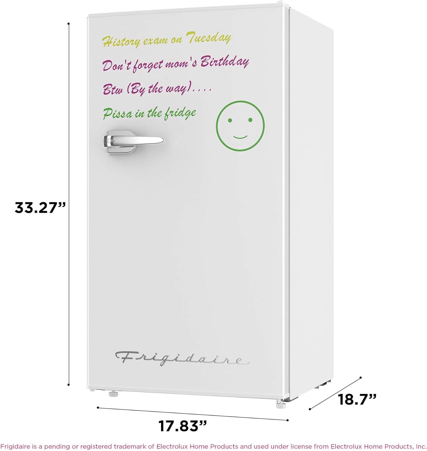 White Frigidaire mini fridge with a dry-erase front featuring handwritten reminders and a smiley face, ideal for dorms.
