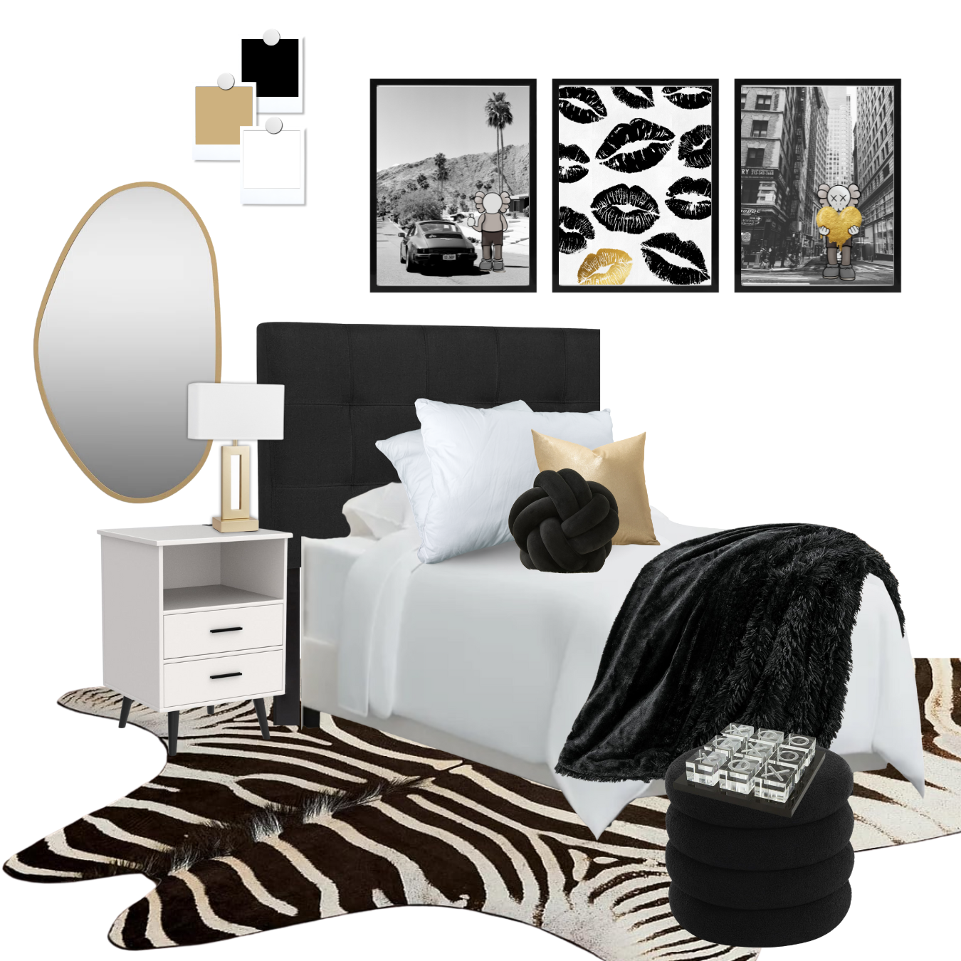black and gold glam dorm decor