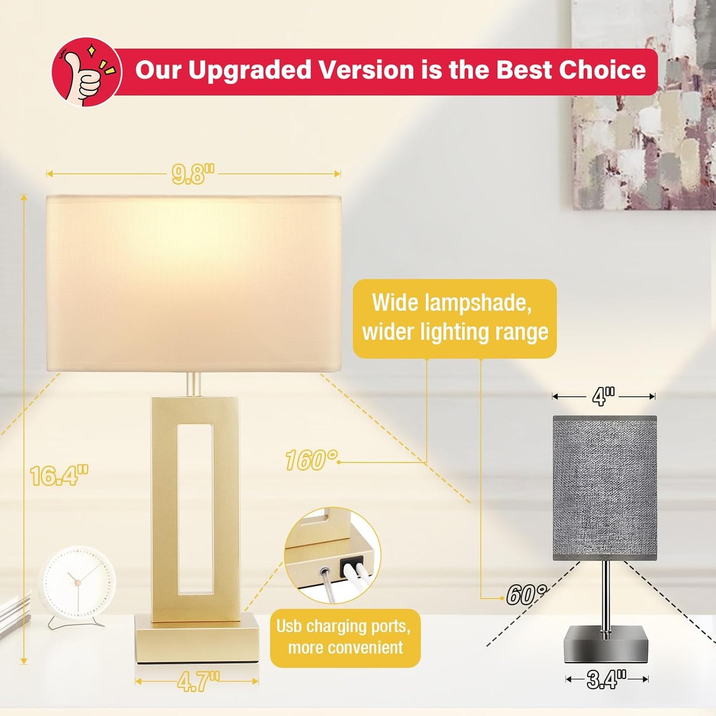 Gold rectangular touch lamps with USB charging ports and soft white shades on a nightstand.