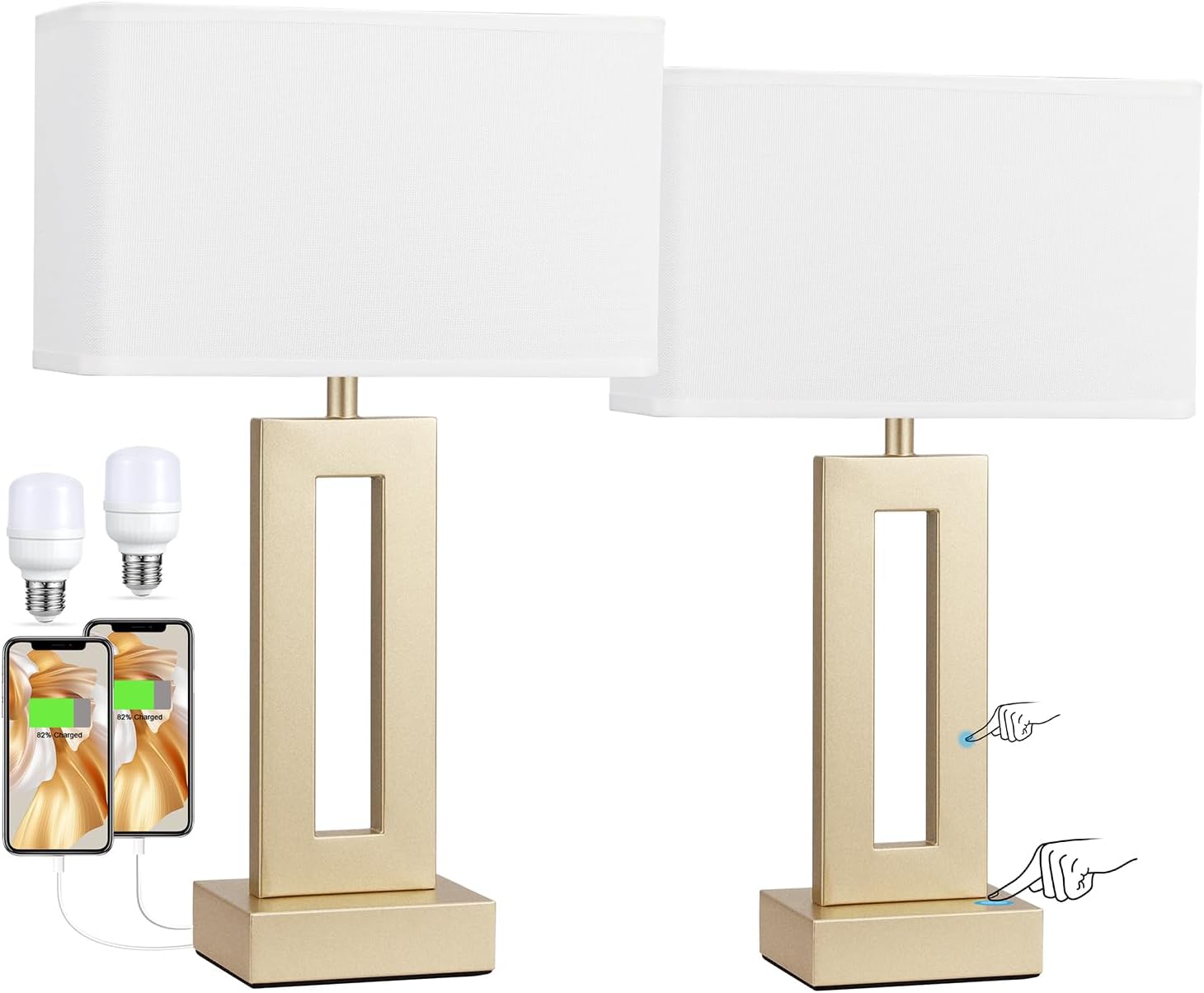 Gold rectangular touch lamps with USB charging ports and soft white shades on a nightstand.