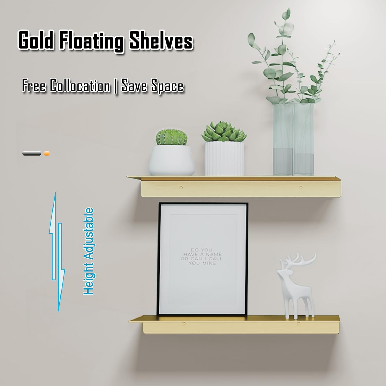 Gold floating shelves with decorative items on a dorm wall.