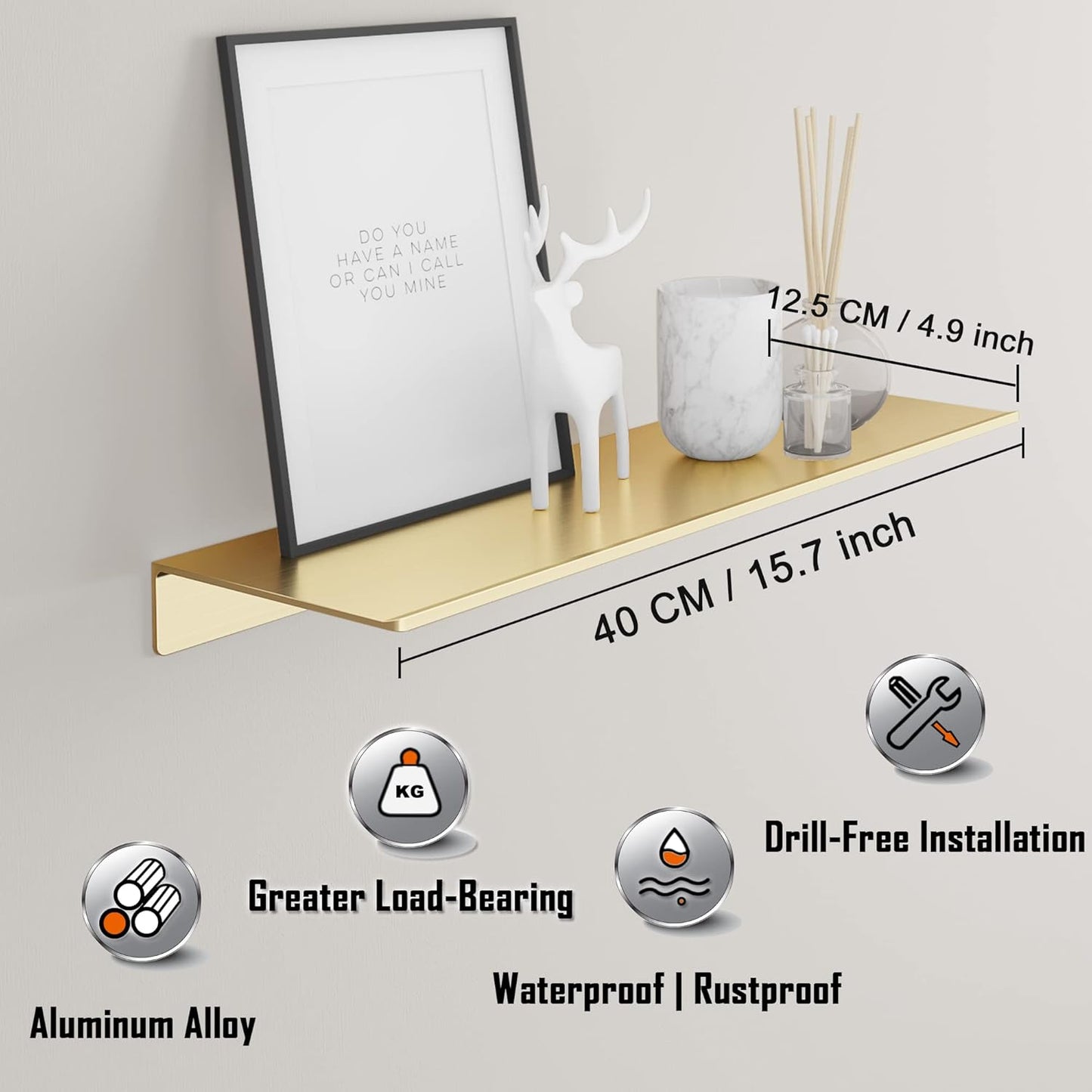 Gold wall shelf with measurements and features on a gray background