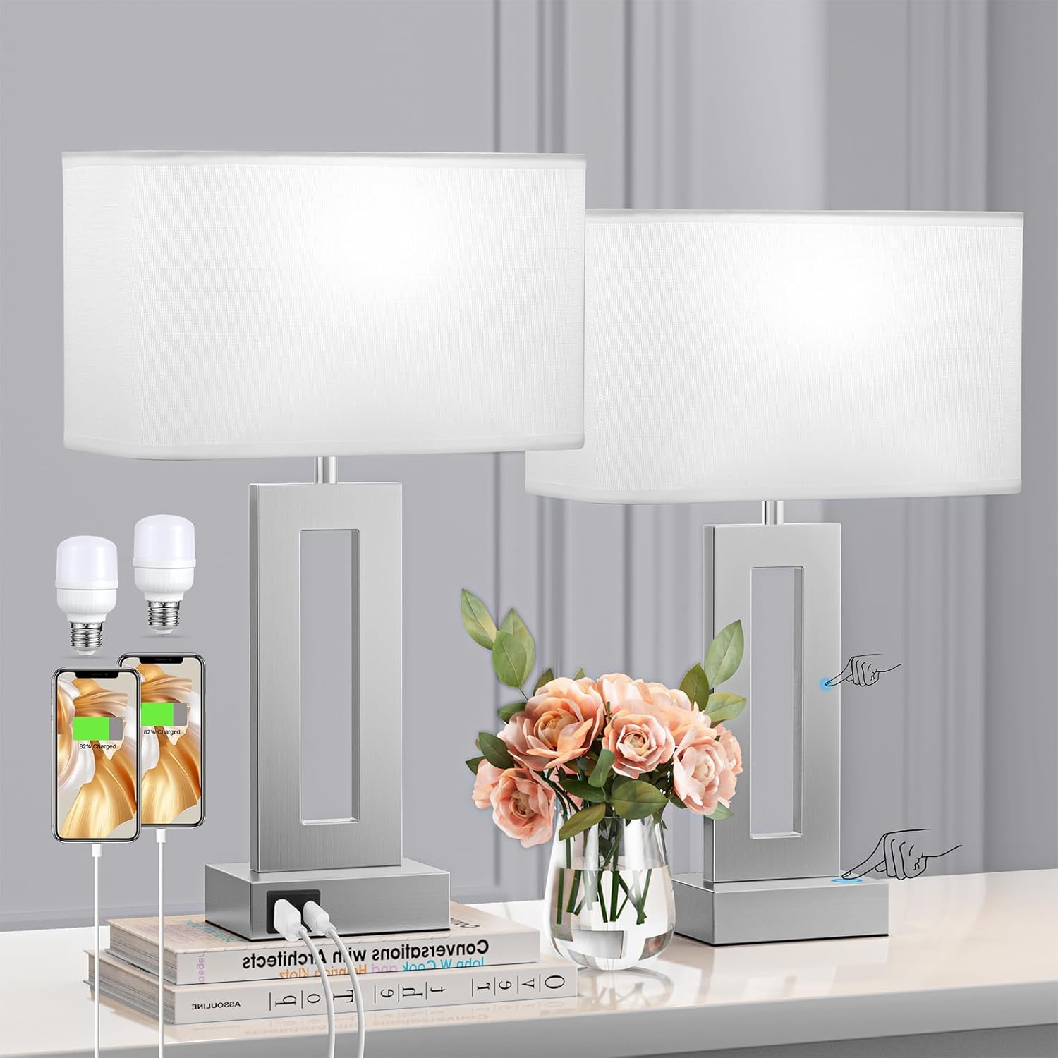 Silver rectangular touch lamps with USB charging ports and soft white shades on a nightstand.