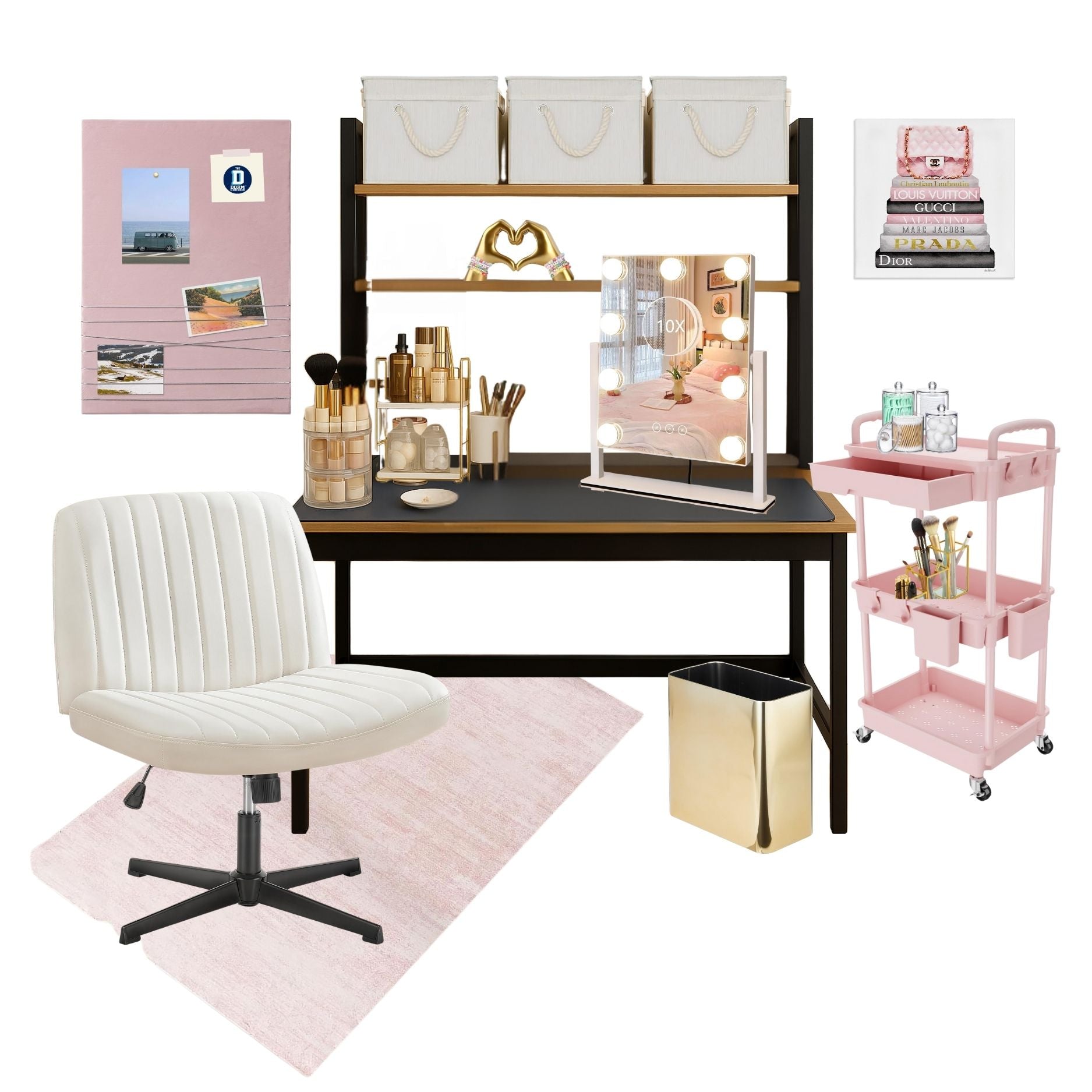 This dorm vanity setup is a dream for getting glam and staying organized. Featuring a desk with shelves, light-up mirror, rolling makeup cart, and cozy swivel chair, it’s your new go-to for skincare, study breaks, and last looks before class. Perfect for dorm rooms, small apartments, or shared spaces where every inch matters.