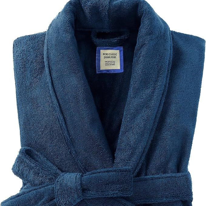 Men’s bath robe for dorm living, displayed folded.