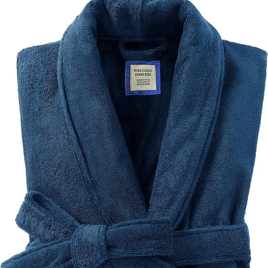 Men’s bath robe for dorm living, displayed folded.
