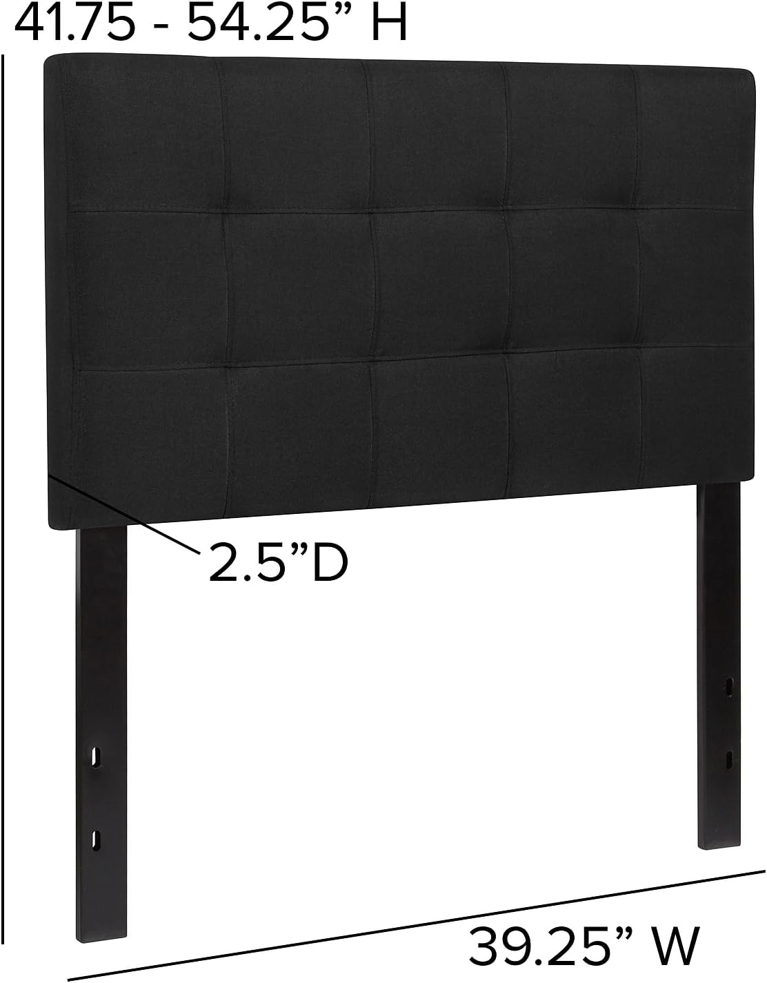 Flash Furniture Bedford Tufted Upholstered Twin Headboard for dorm decor in black fabric, shown with measurements.