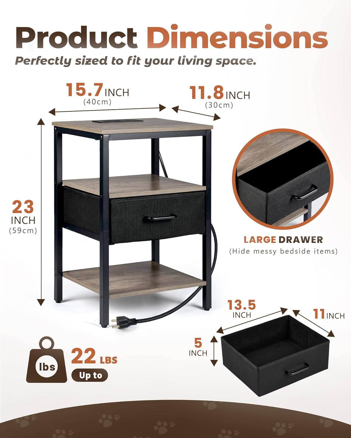 Black wood nightstand with drawer, shelves, and integrated charging ports shown with dimensions.