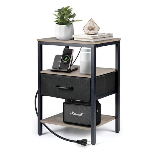Black wood nightstand with drawer, shelves, and integrated charging ports.