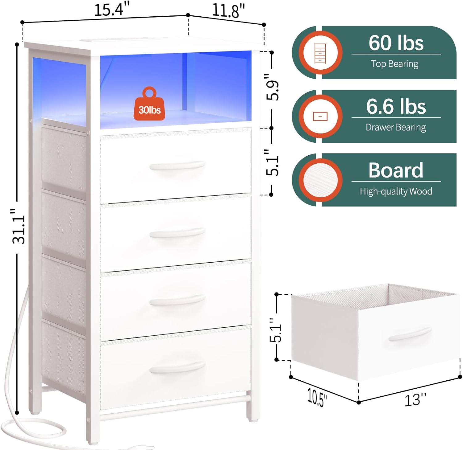 Tall white nightstand with LED lighting for dorm room with drawers, and charging ports - showing dimensions. ￼