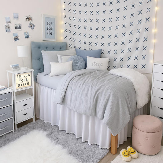 Dorm bed with bed skirt shown in a dorm room