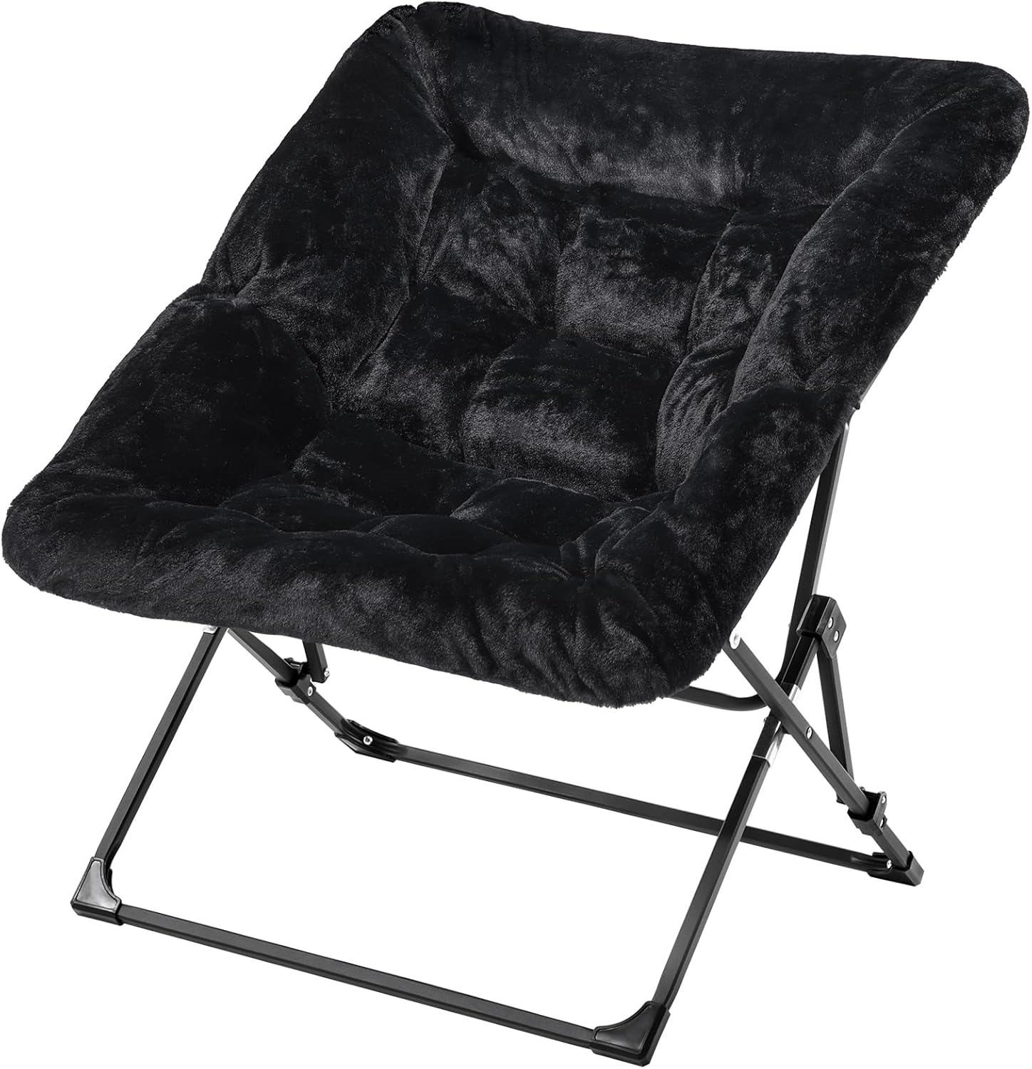 Plush foldable black butterfly chair with cushioned seat and metal base perfect for dorm living.