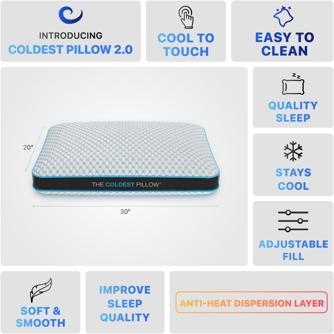 Ultra-cooling gel-infused Coldest Pillow with breathable cover, ideal for hot dorm rooms details
