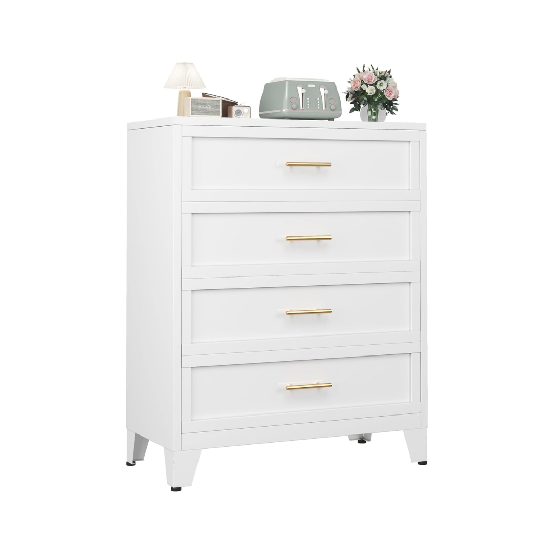 White metal, 4-drawer dorm nightstand with gold handles -  great for storage with glam and modern aesthetic dorm decor