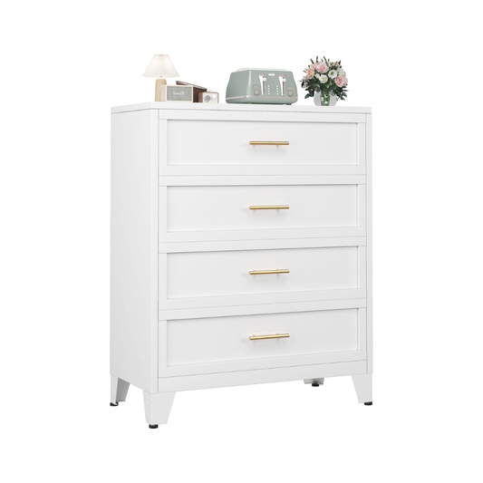 White metal, 4-drawer dorm nightstand with gold handles -  great for storage with glam and modern aesthetic dorm decor