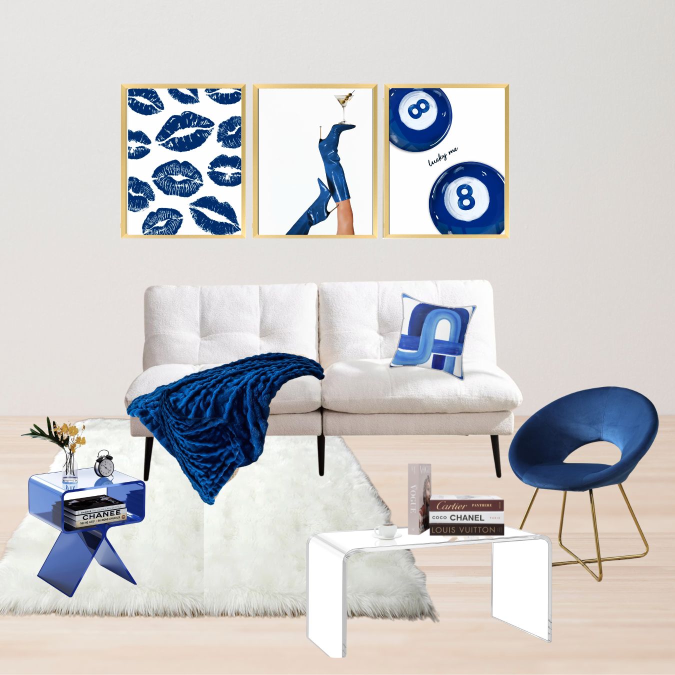 Retro blues glam dorm decor