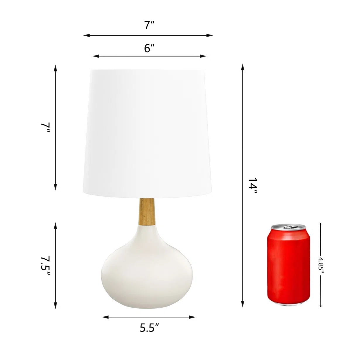Modern white and wood table lamp with measurements.
