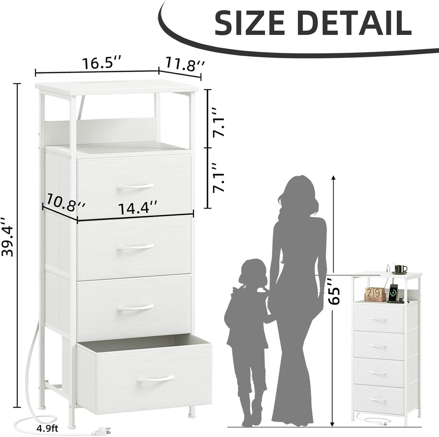Dorm 4-drawer nightstand with measurements