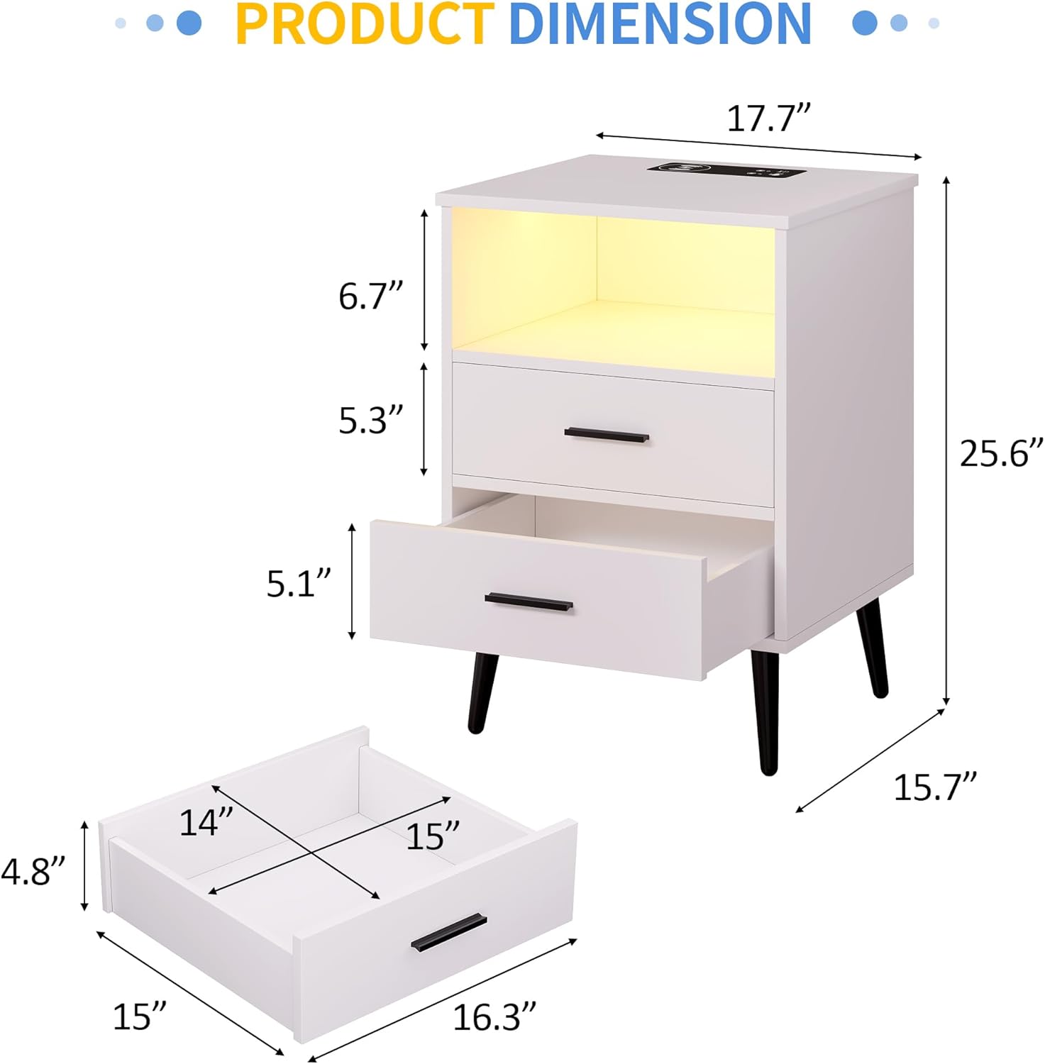Set of two dorm modern white nightstands with LED lighting, black legs, and drawers with measurements.