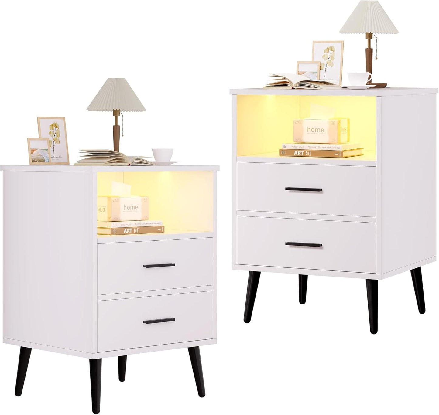 Set of two modern white nightstands with LED lighting, black legs, and drawers perfect for dorm decor.