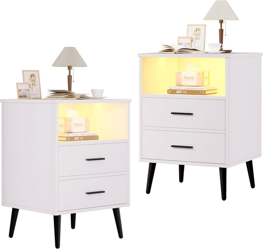 Set of two modern white nightstands with LED lighting, black legs, and drawers perfect for dorm decor.