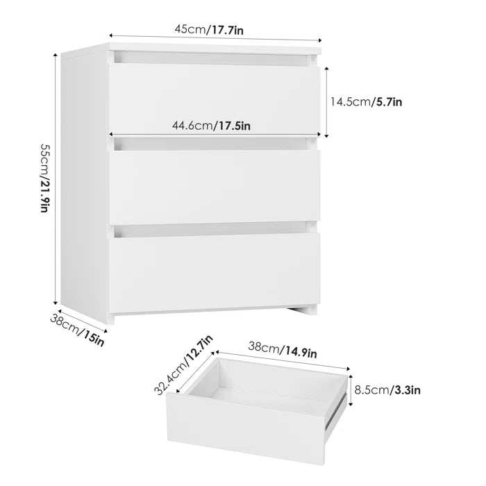 Modern white nightstand with three drawers for a chic dorm room setup, with measurements.