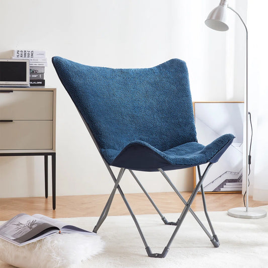 Navy blue sherpa dorm chair with folding frame and curved back.