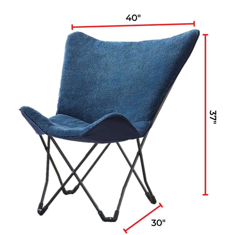 Navy blue sherpa dorm chair with folding frame and curved back with measurements.