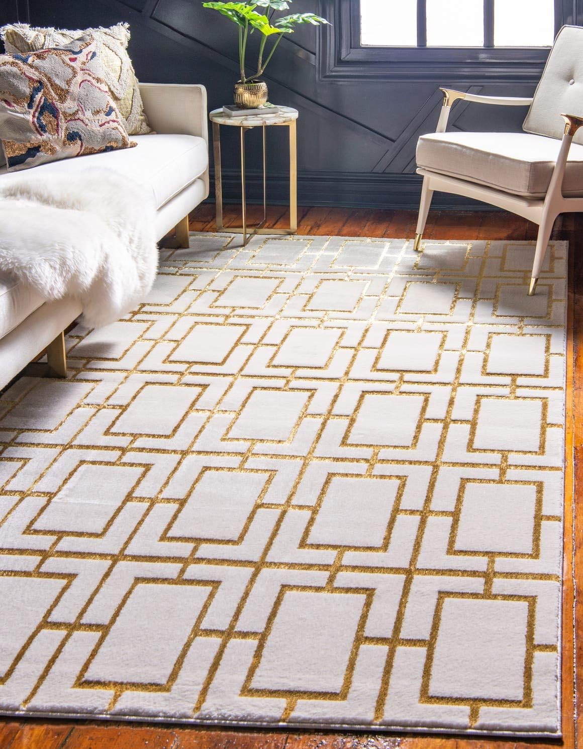 Glam deco rug with gold accents for an elevated dorm room setting. 