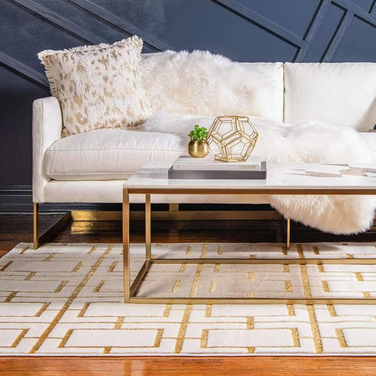 Glam deco rug with gold accents for an elevated dorm room setting. 