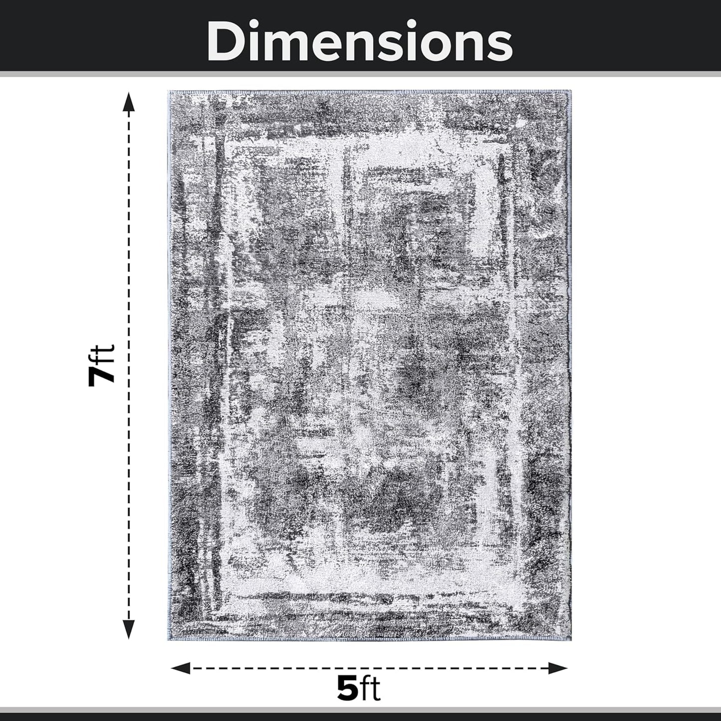 Shades of grey abstract rug for a dorm room with measurements. 