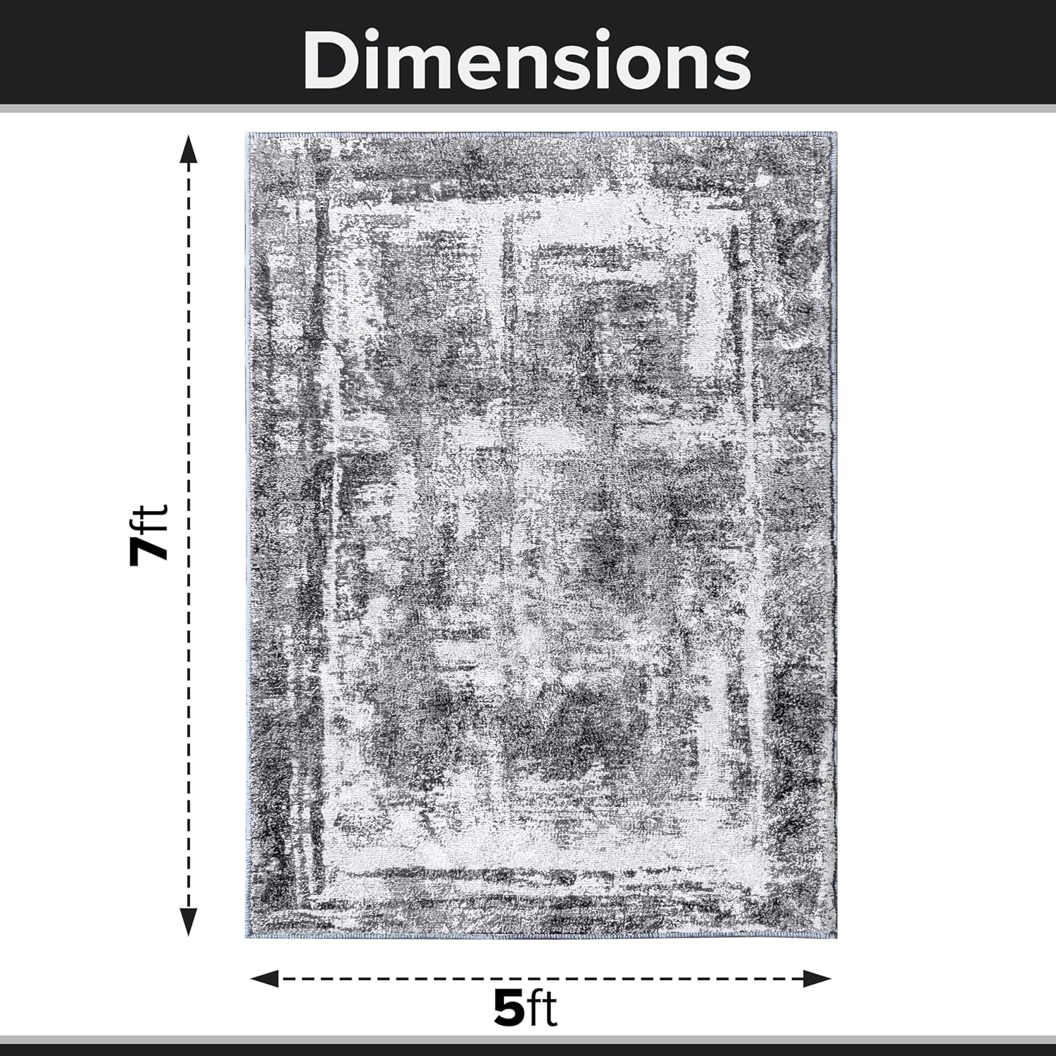 Shades of grey abstract rug for a dorm room with measurements. 