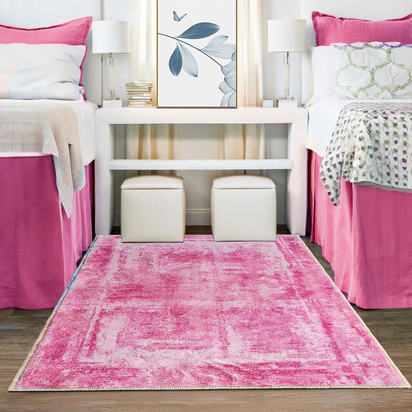 Shades of pink abstract rug in a dorm room setting. 
