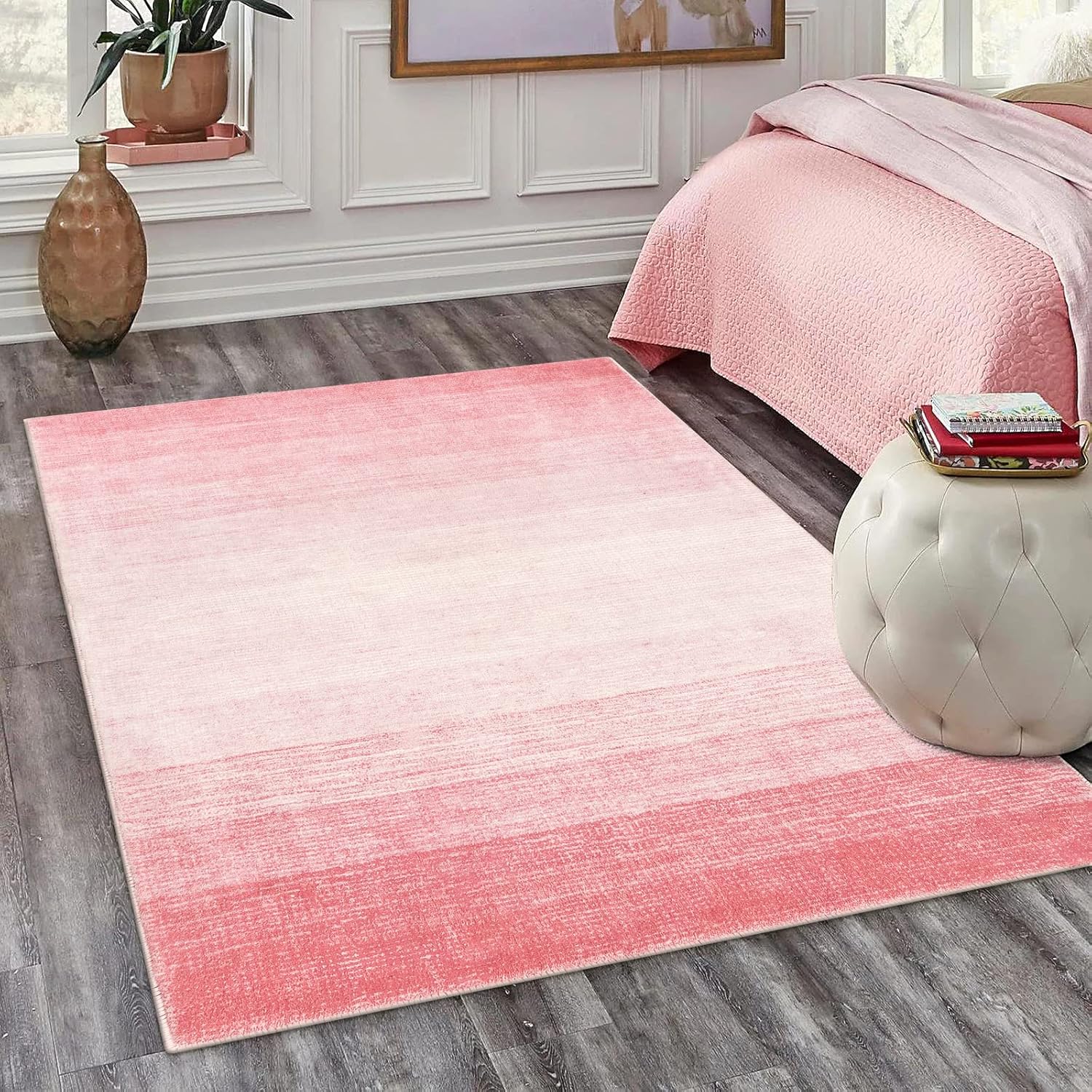 Pink ombré washable rug for a dorm room.