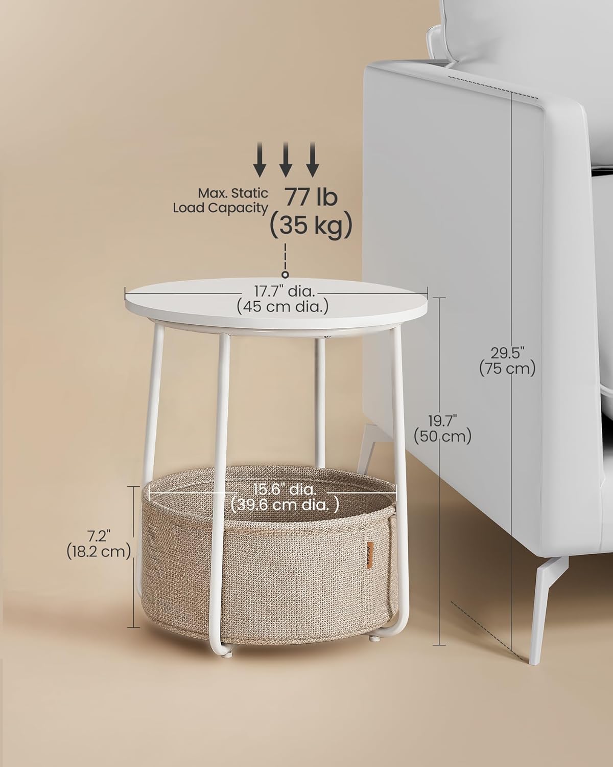 White round table with lower fabric basket for dorm room, shown with measurements.