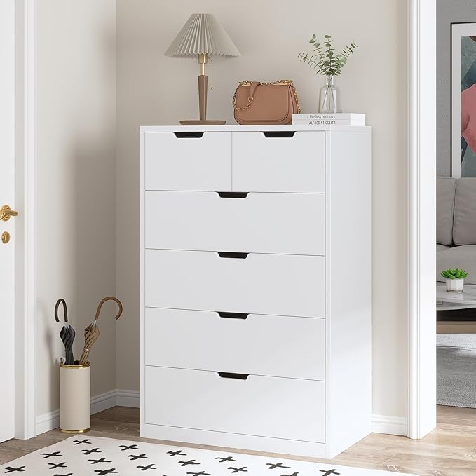 Dorm storage dresser with 6 drawers in home setting.
