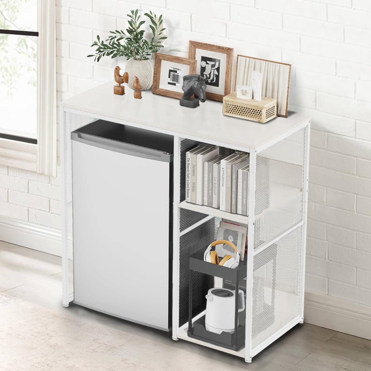 Mini fridge organizer station with wood top, side shelves for pantry items, and a microwave and coffee machine on top perfect for dorm living.
