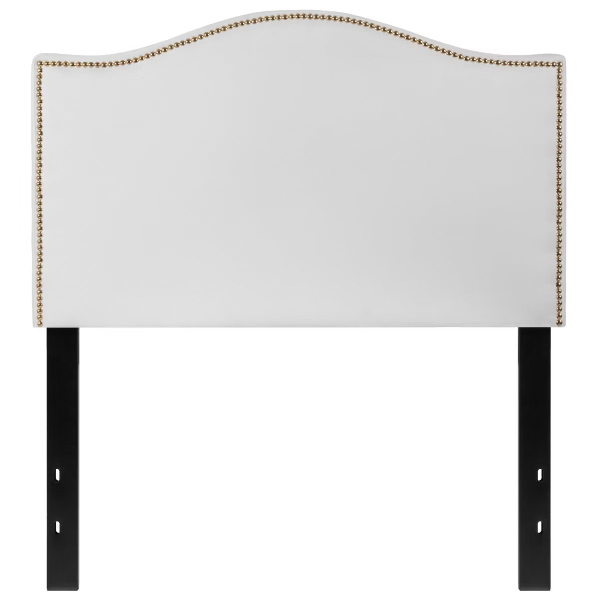 White dorm headboard with gold studs.