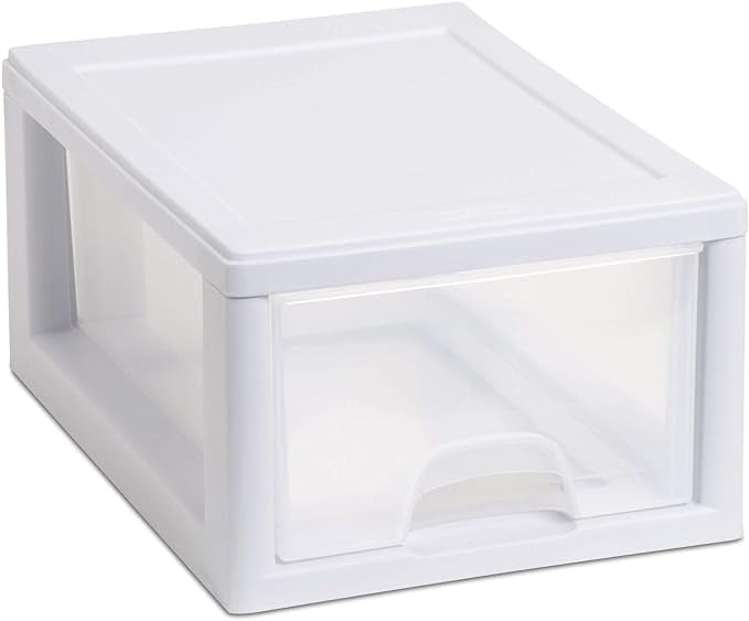 White storage box with a clear lid on a white background