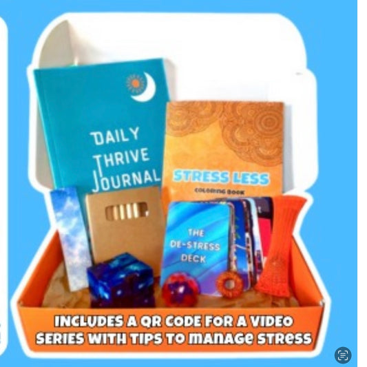 Stress management product set with books and cards on a blue background
