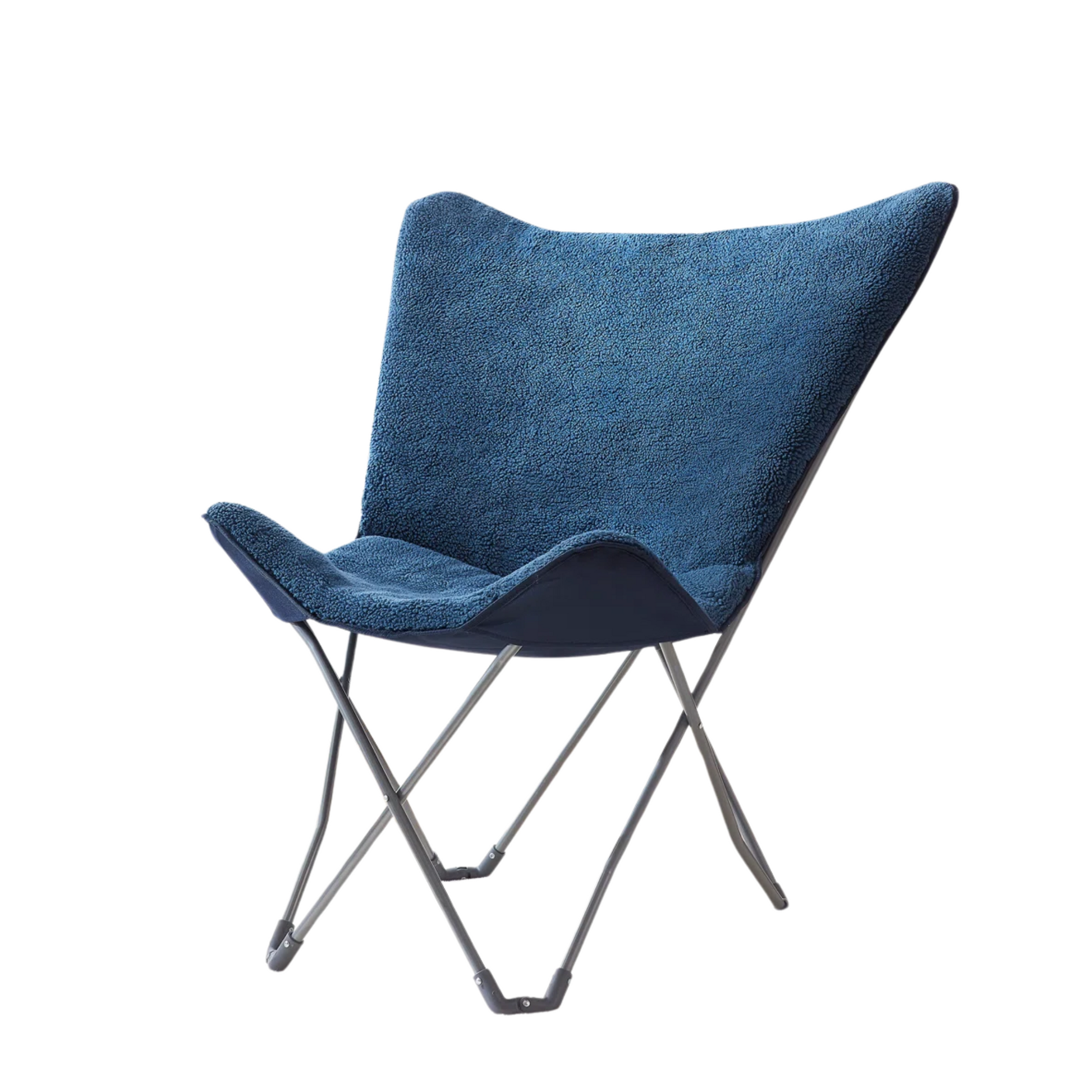 Navy blue sherpa dorm chair with folding frame and curved back.