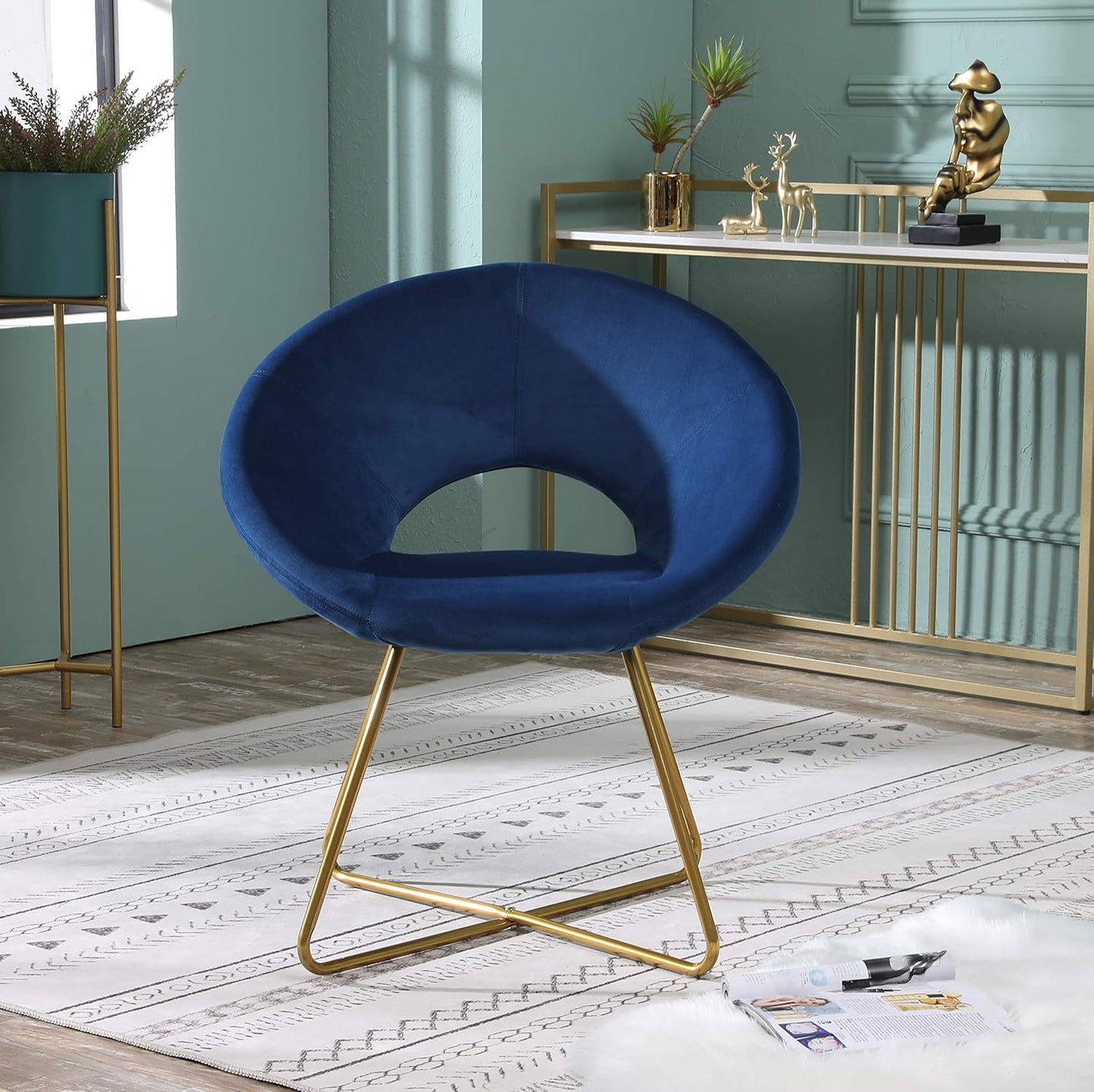 round-back dorm accent chair in blue velvet