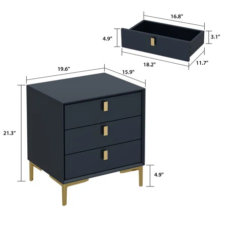 NIGHTSTAND: 3-Drawer Navy and Gold