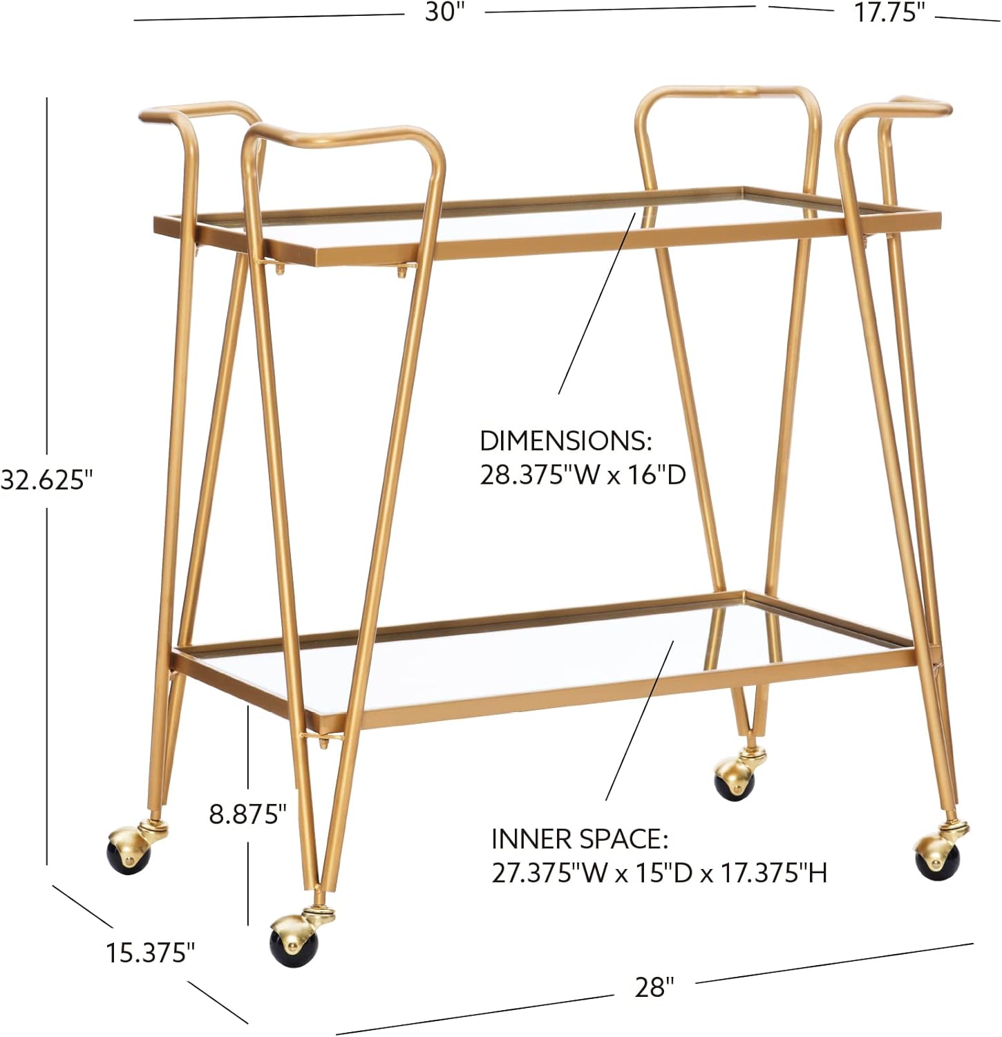 Gold bar cart with dimensions labeled on a white background