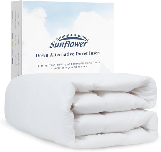 White down alternative duvet insert with Sunflower brand packaging perfect for dorm