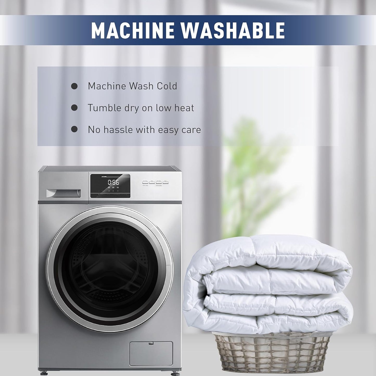 Washing machine with folded white blanket and text about machine washable items.